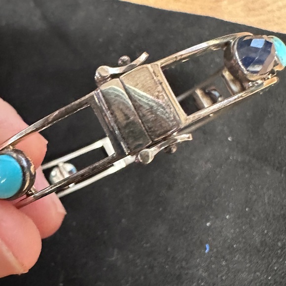 Turquoise and sapphires set in sterling silver bangle bracelet by Jay King - Picture 6 of 8